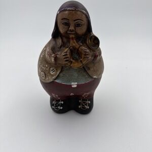 Vintage Chulucanas Peruvian Folk Art Clay Figure Playing Horned Instrument